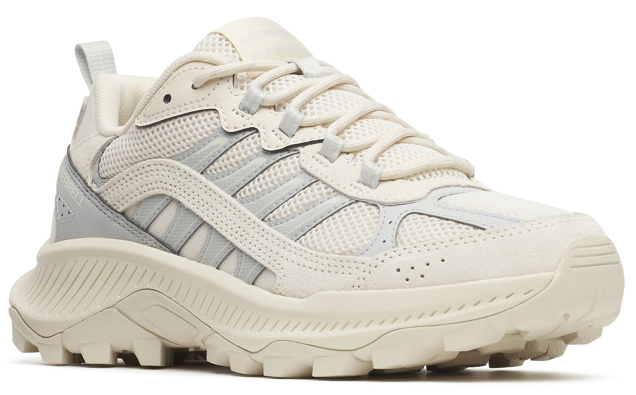 Off-white athletic shoe with mesh and leather upper, striped side detail, and a lugged sole.