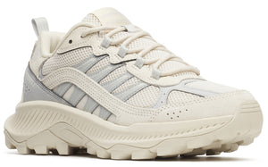 Off-white athletic shoe with mesh and leather upper, striped side detail, and a lugged sole.