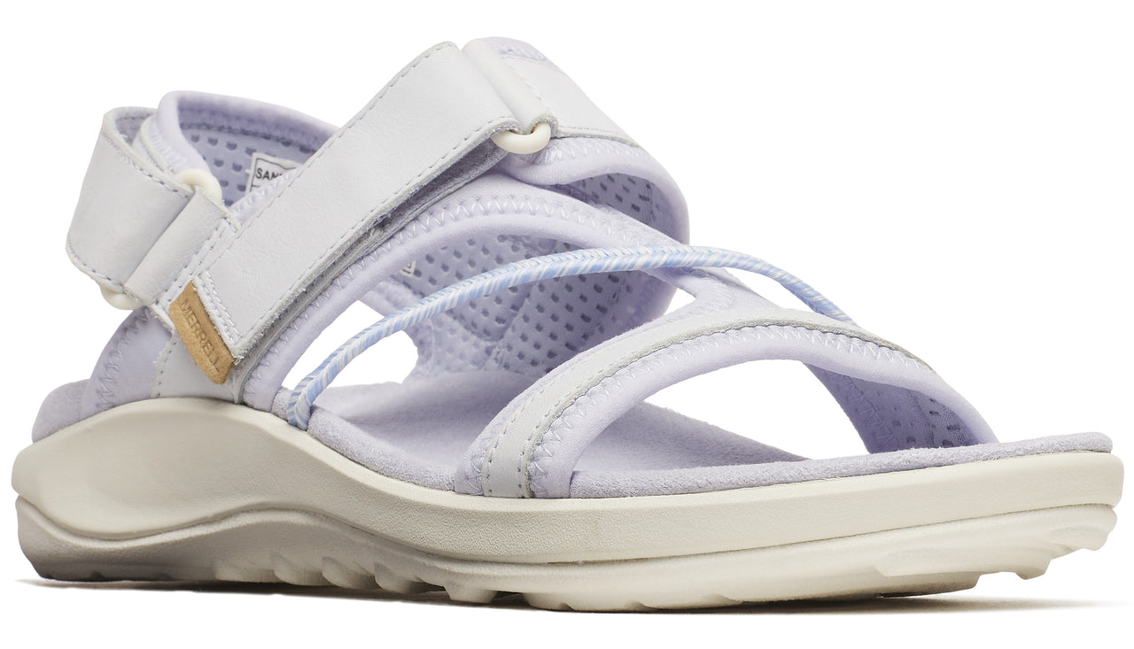White sandal with hook and loop fasteners, multiple straps, and patterned footbed.