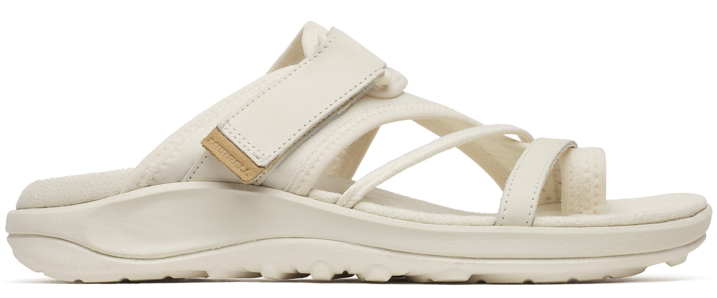 Off-white toe thong sandal with adjustable hook and loop strap.