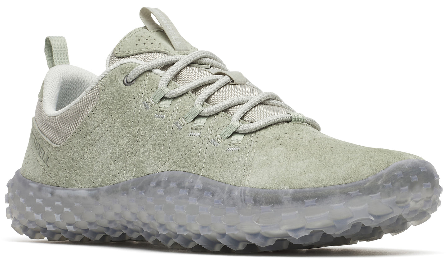 A low-top, grey suede sneaker with a clear, textured sole and pull tabs on the heel and tongue.