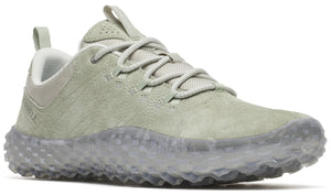 A low-top, grey suede sneaker with a clear, textured sole and pull tabs on the heel and tongue.