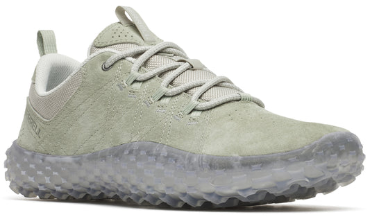 A low-top, grey suede sneaker with a clear, textured sole and pull tabs on the heel and tongue.