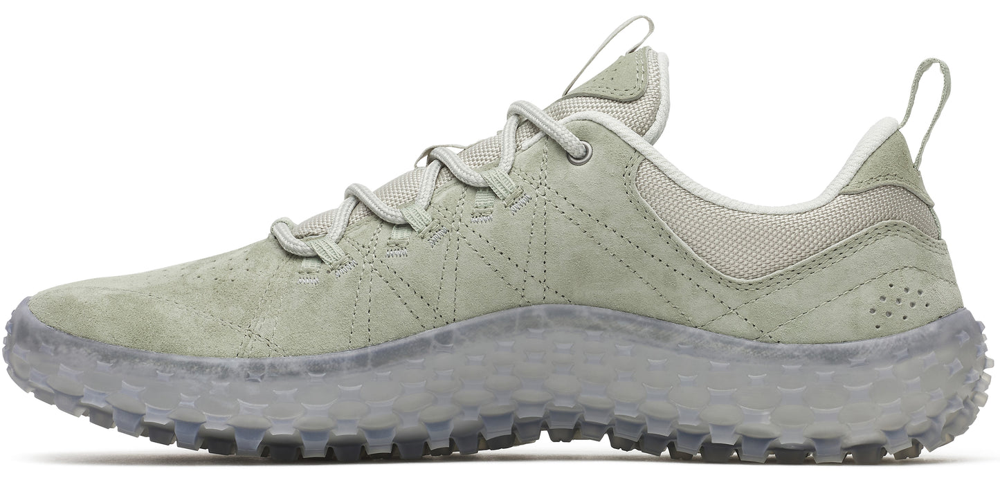 An outdoor shoe with a textured gray sole, a light-green upper, and rope laces.