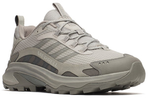 Gray sneaker with visible "MERRELL" text on its side.