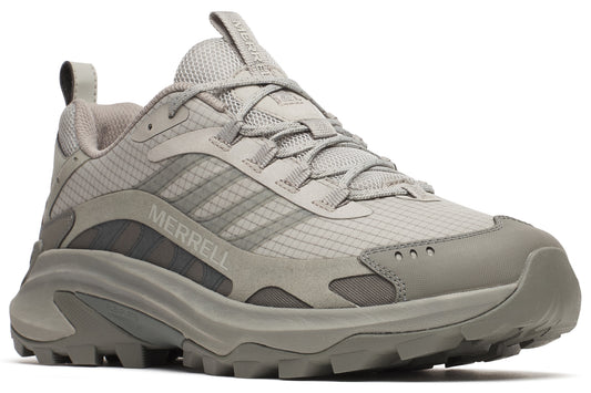 Gray sneaker with visible "MERRELL" text on its side.