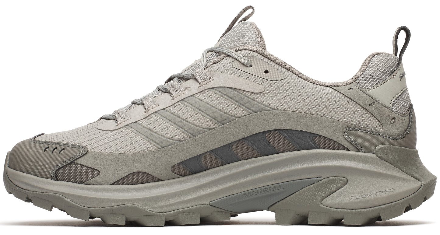 A gray hiking shoe with a chunky sole and mesh upper.