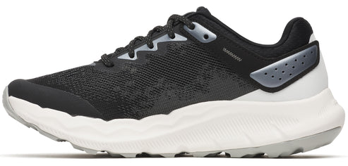 A black running shoe with a thick white sole.