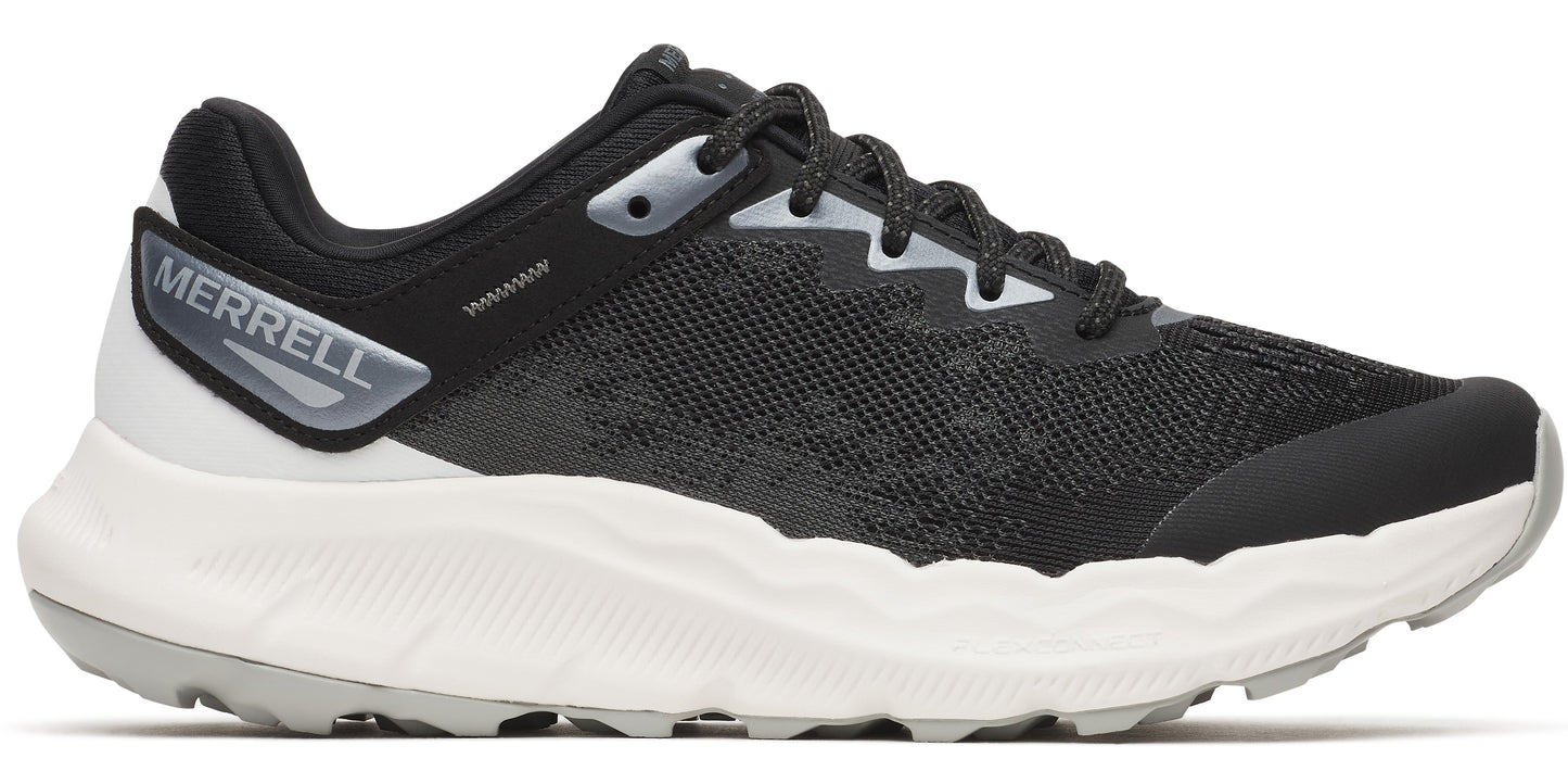 Black running shoe with white sole and Merrell label.
