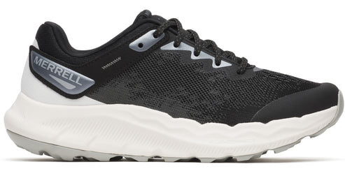 Black running shoe with white sole and Merrell label.