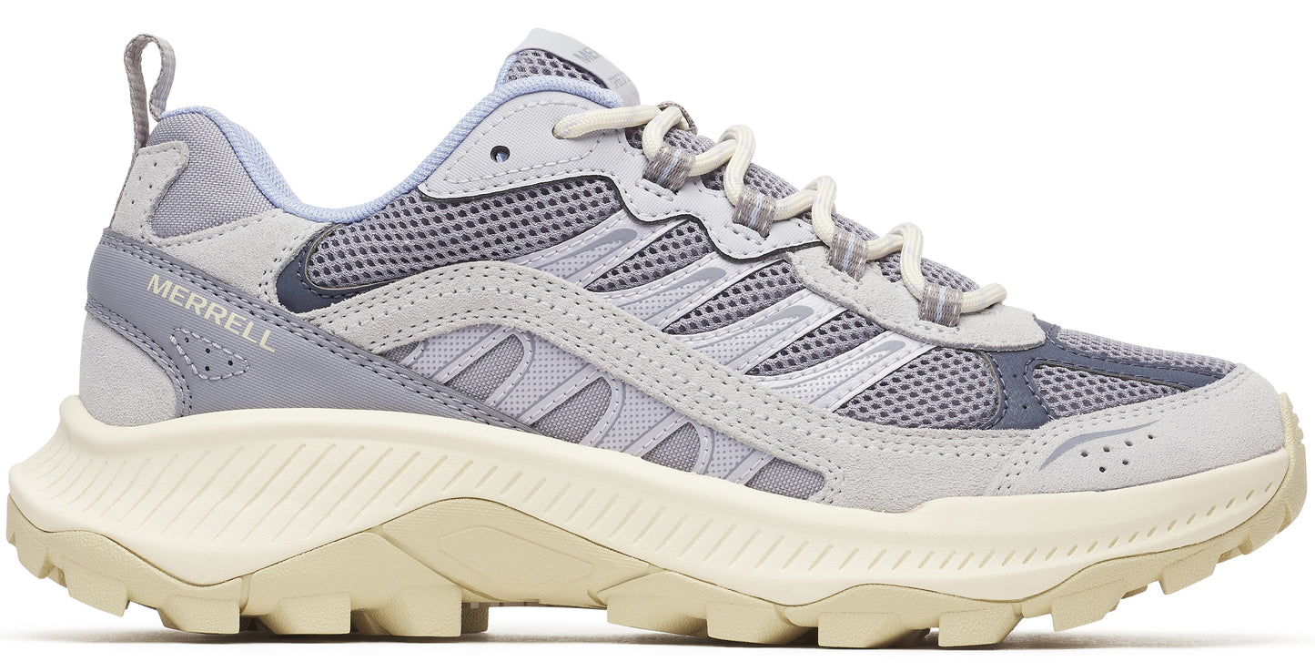 Light gray athletic shoe with mesh and MERRELL on side, off-white sole.