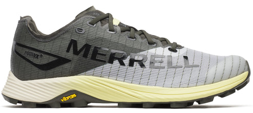 A gray running shoe with black accents and a yellow sole.
