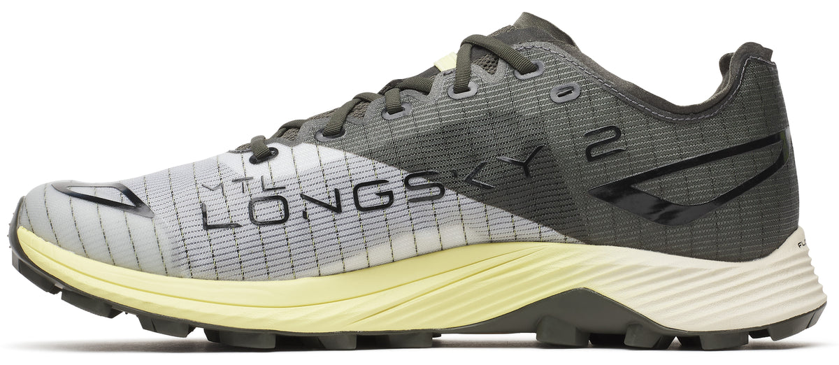 A running shoe with gray upper, white midsole and black accents.