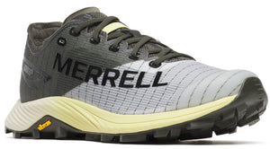Gray and white athletic shoe with MERRELL text along the side and a light yellow sole.