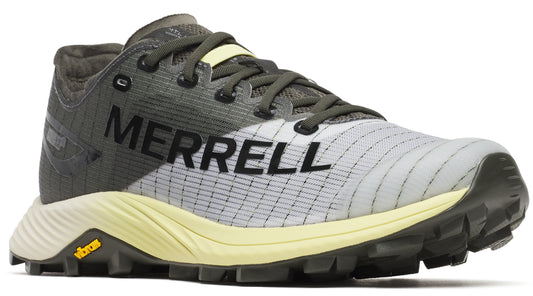 Gray and white athletic shoe with MERRELL text along the side and a light yellow sole.