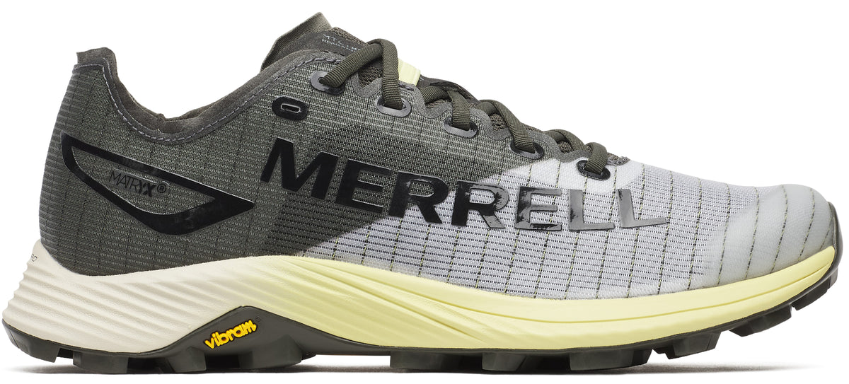 A grey running shoe with black accents and a yellow sole with "MERRELL" written on the side.