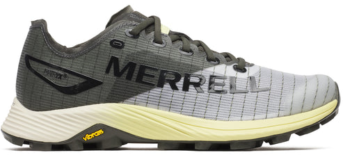 A grey running shoe with black accents and a yellow sole with "MERRELL" written on the side.