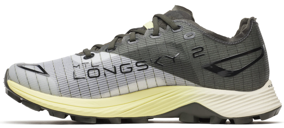 Running shoe, gray uppers and yellow sole, with 'MTL LONGSKY 2' printed on the side.