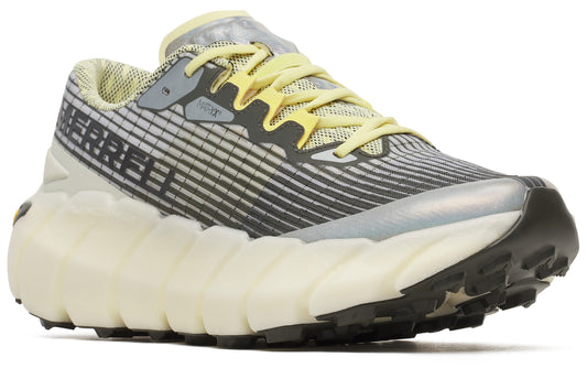 A gray running shoe with horizontal stripes and a white, ridged sole. The laces are yellow and the word "MERRELL" is on the side.