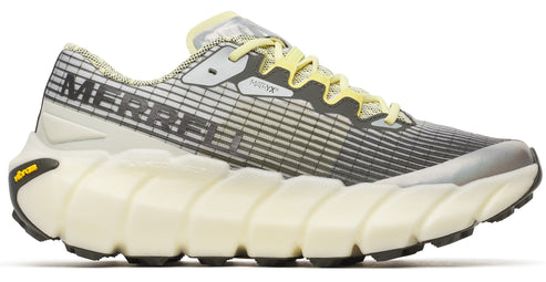 Sideways view of a running shoe with a gray upper, yellow laces, and a prominent, segmented off-white sole. The word 'MERRELL' is printed on the side.