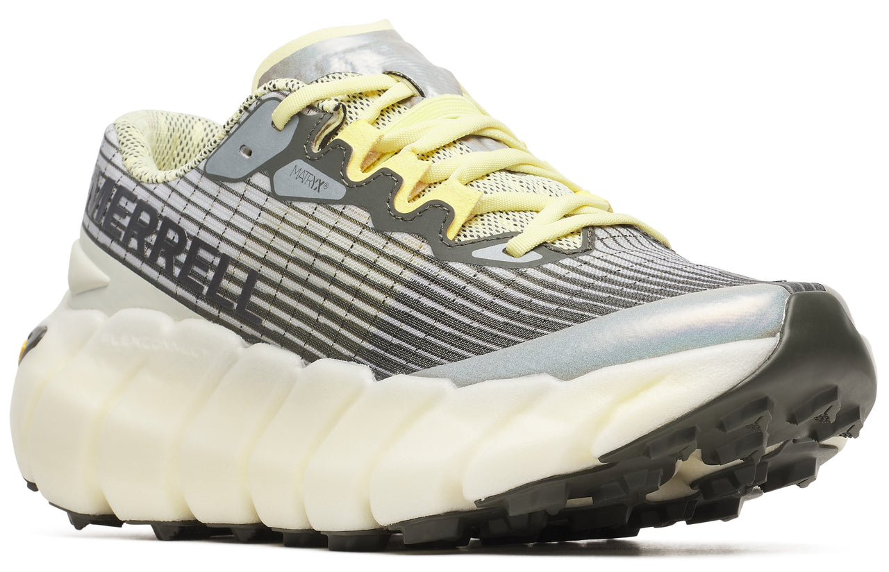Trail running shoe with horizontal gray stripes and thick, white sole. "MERRELL" is printed on the side.