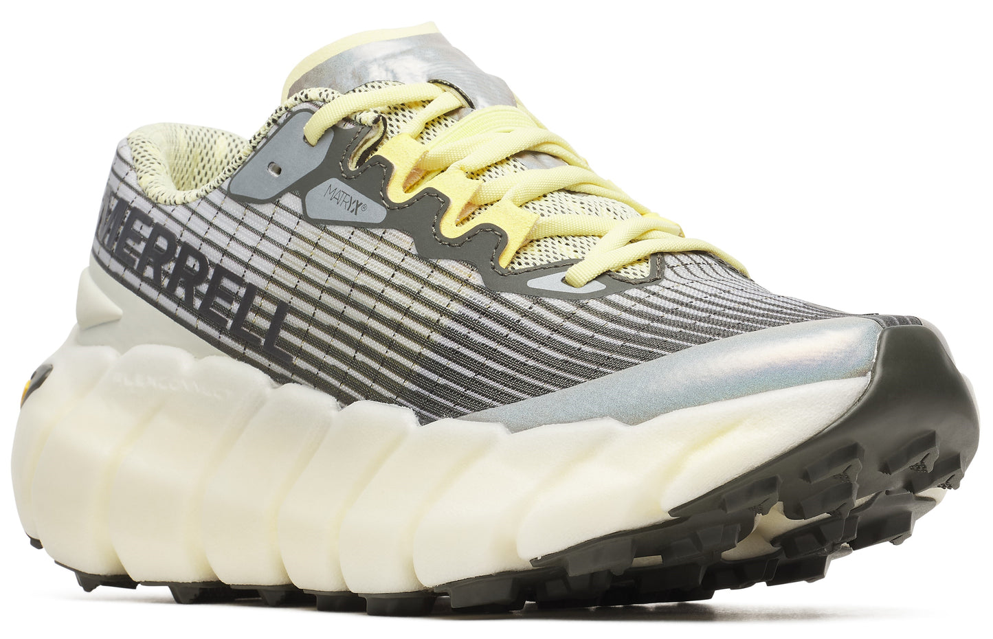 Trail running shoe with horizontal gray stripes and thick, white sole. "MERRELL" is printed on the side.