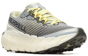 Trail running shoe with horizontal gray stripes and thick, white sole. "MERRELL" is printed on the side.