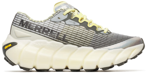 Side view of a grey and white sneaker with the word MERRELL on the side, yellow laces, and a beige rippled sole.