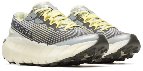 A pair of shoes with yellow laces and the word "MERRELL" written on the side.
