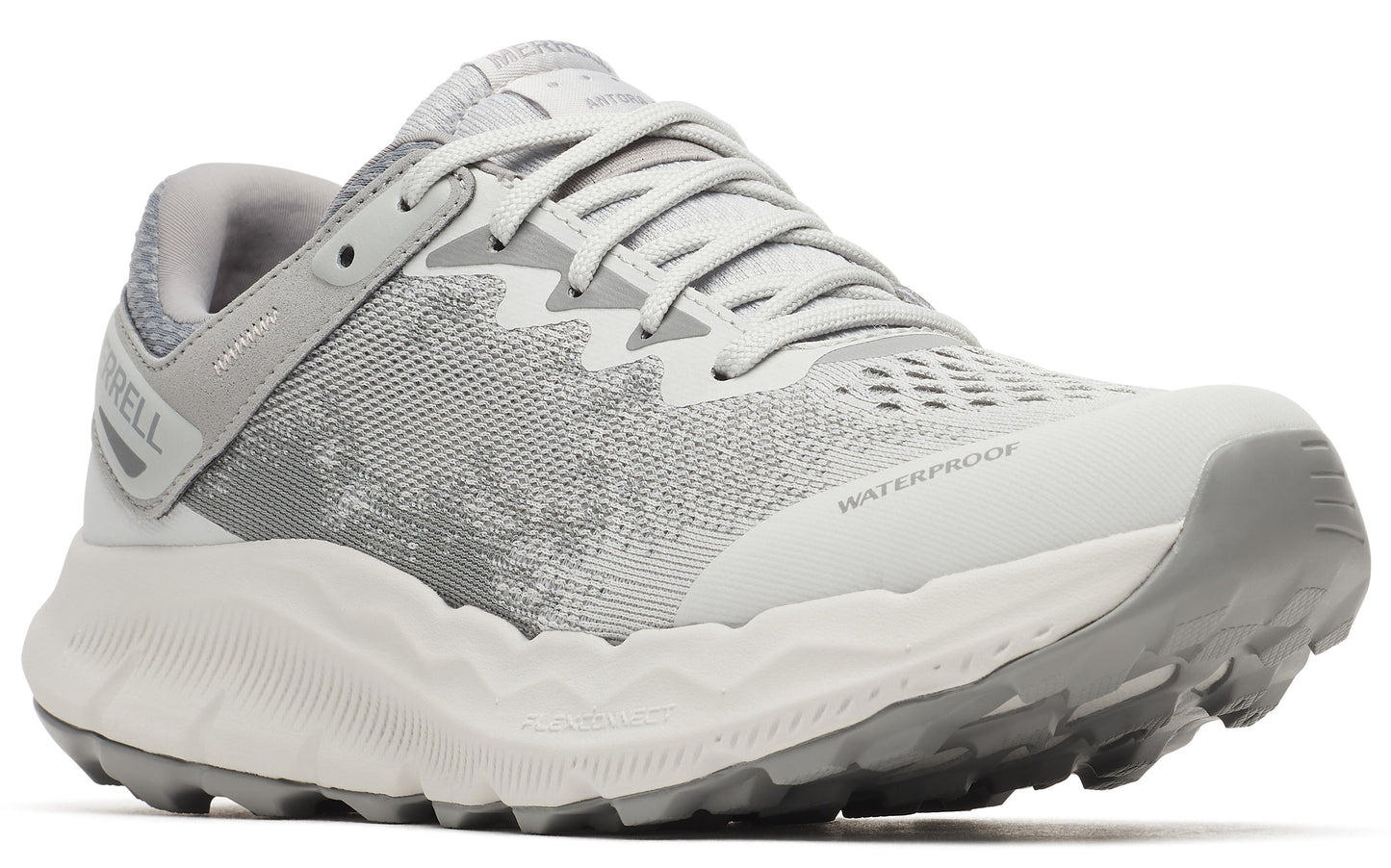 Low profile running shoe, light gray with thick white midsole and gray sole, waterproof.