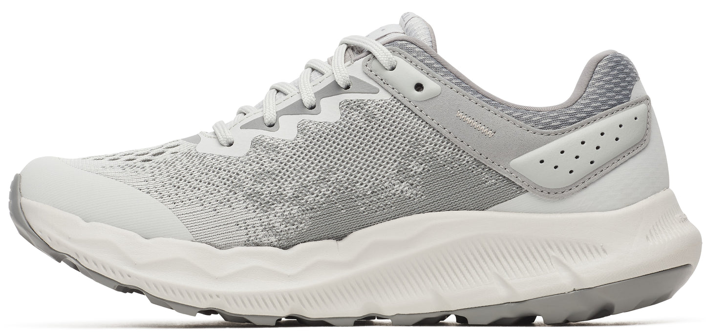 A gray and white sneaker.
