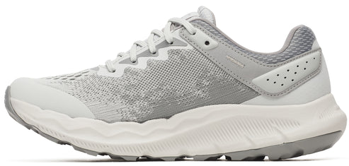A gray and white sneaker.