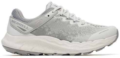 A gray running shoe featuring white shoelaces and sole, with "WATERPROOF" and "MERRELL" printed on it.