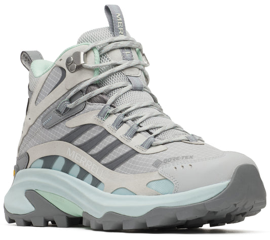Gray and light blue hiking boot with laces.