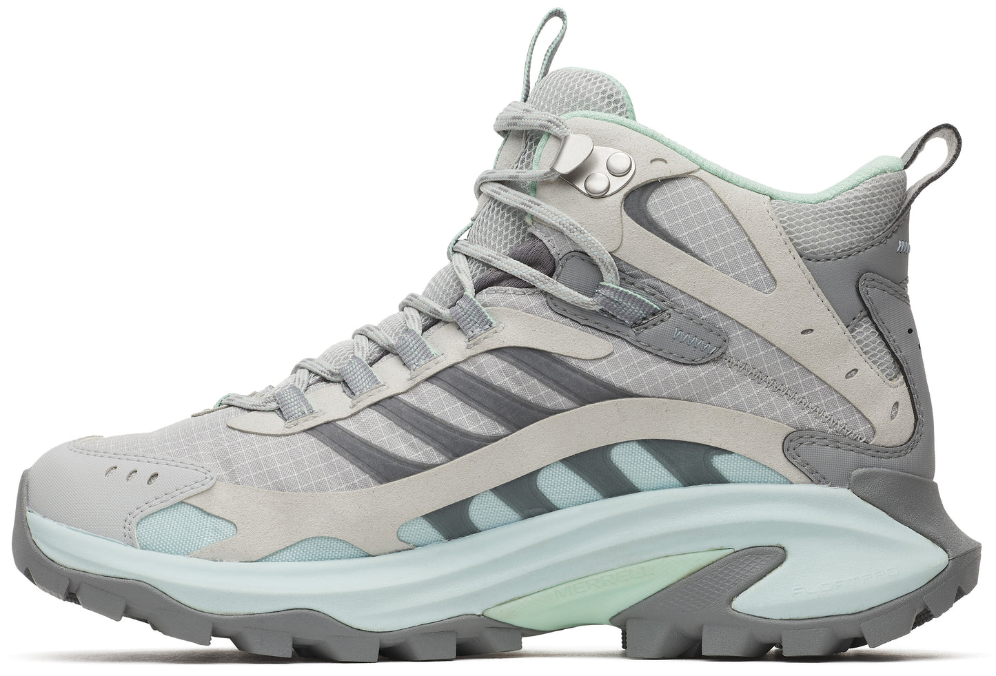 High-top light gray athletic shoe with dark gray stripes and a light-blue accent.