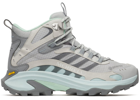 High-top hiking shoe with a gray, white, and light-green color scheme, featuring the word "MERRELL" in black on the side and a Vibram sole.