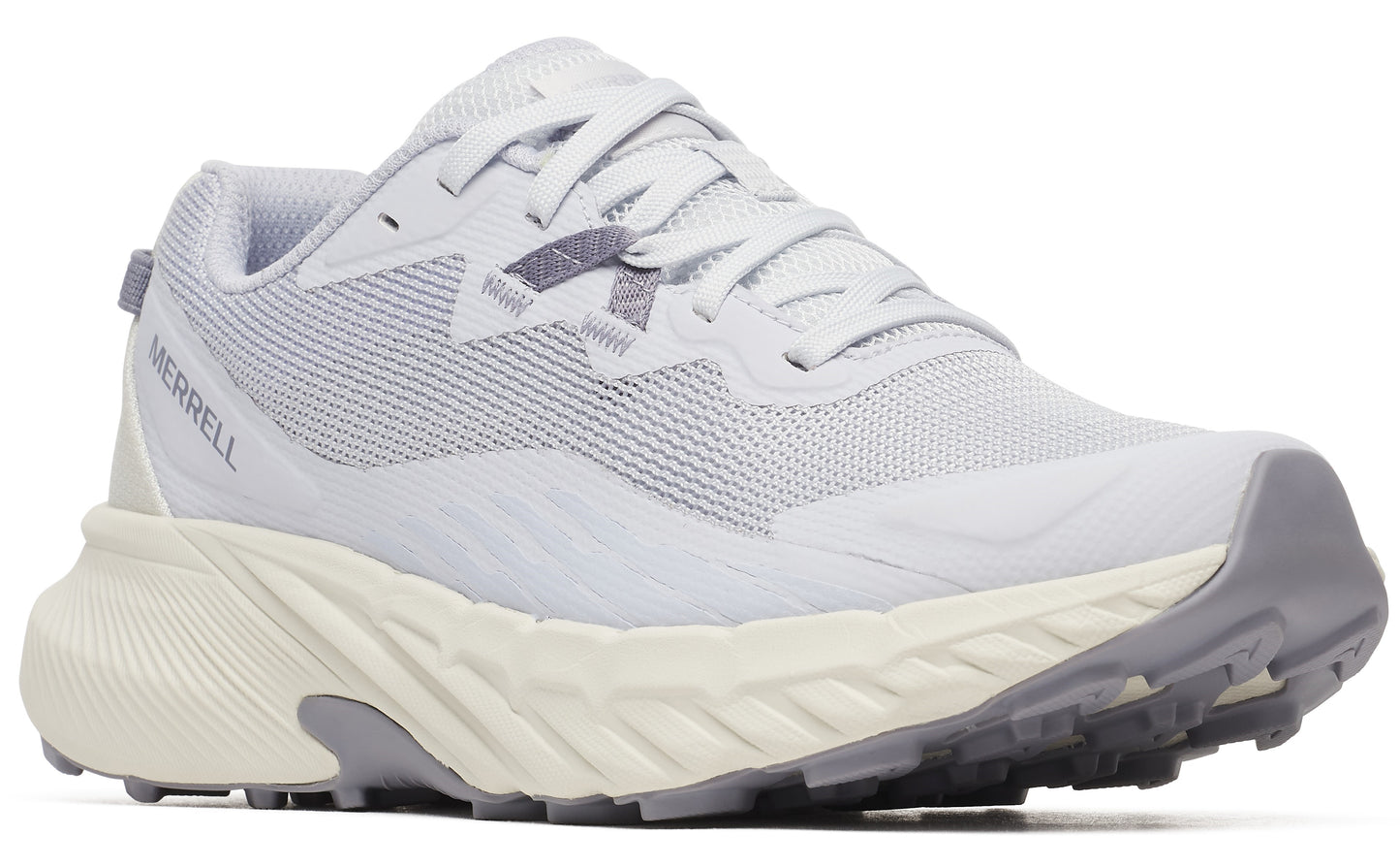 Light gray athletic shoe with off-white tread and "MERRELL" written on the heel.