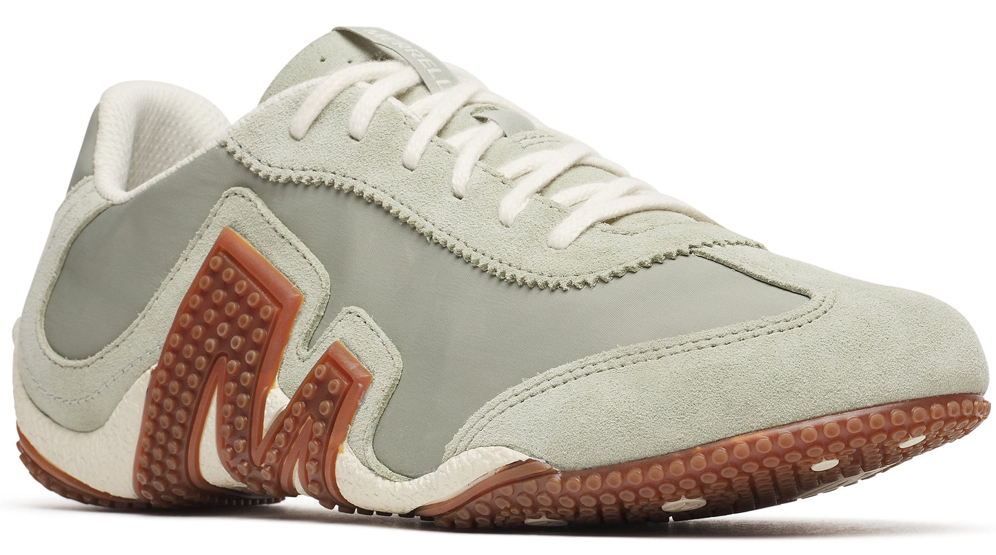 Light gray sneaker with brown textured M design on sides, white laces and lining.