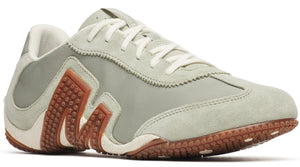 Light gray sneaker with brown textured M design on sides, white laces and lining.