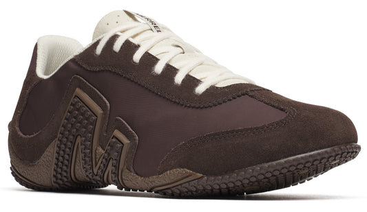 Brown athletic shoe with cream laces and beige interior.