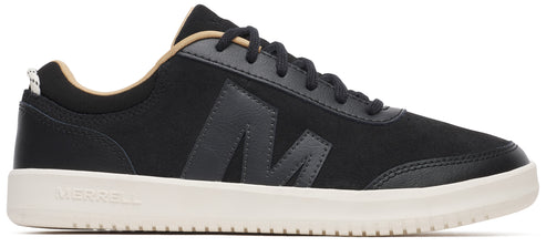 A low-top black sneaker with a white sole, featuring a prominent 'M' logo.