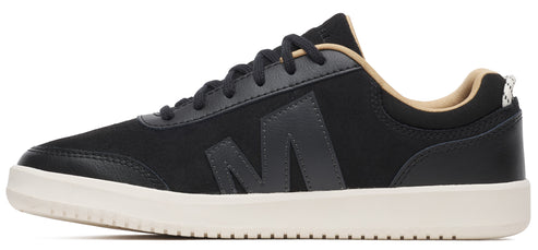 A black low-top sneaker with a white sole and a gray 'M' logo on the side.