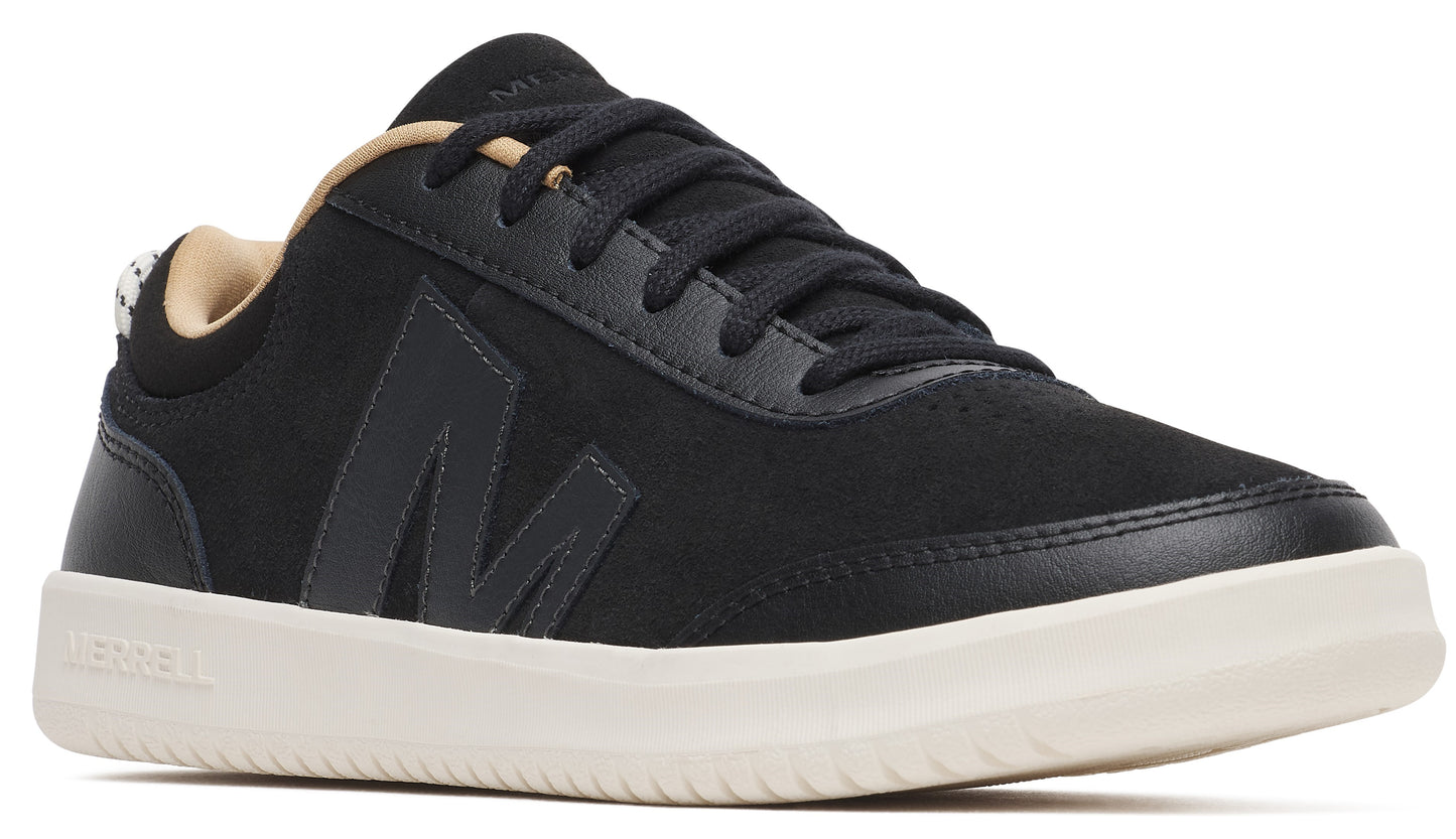 Black low-top sneaker with a prominent 'M' logo on the side and a beige sole.