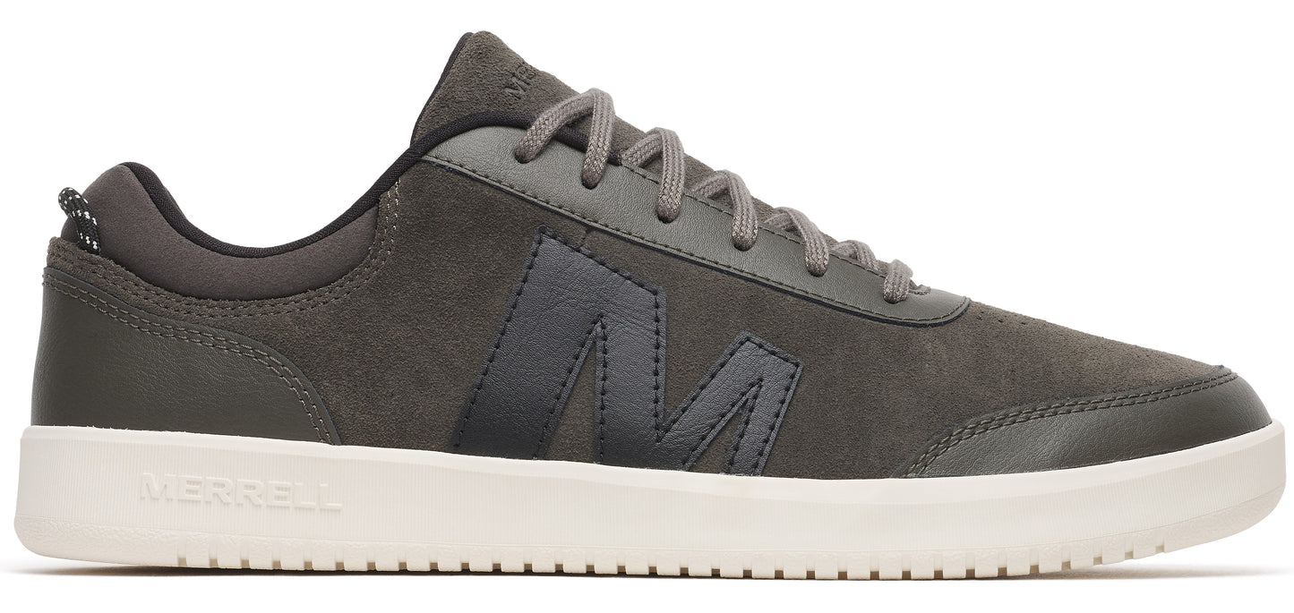 A low profile sneaker in shades of gray, with a white rubber sole and a large black letter 'M' on the side.