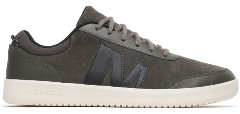 A low profile sneaker in shades of gray, with a white rubber sole and a large black letter 'M' on the side.