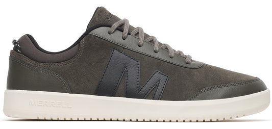 A low profile sneaker in shades of gray, with a white rubber sole and a large black letter 'M' on the side.