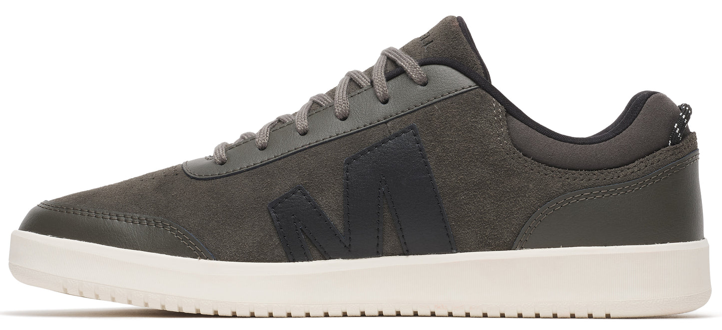 Olive green sneaker with a dark accent on the side.