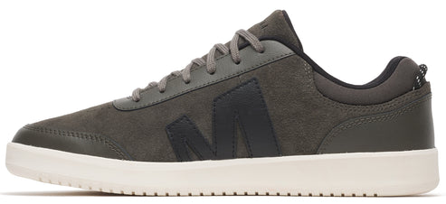 Olive green sneaker with a dark accent on the side.
