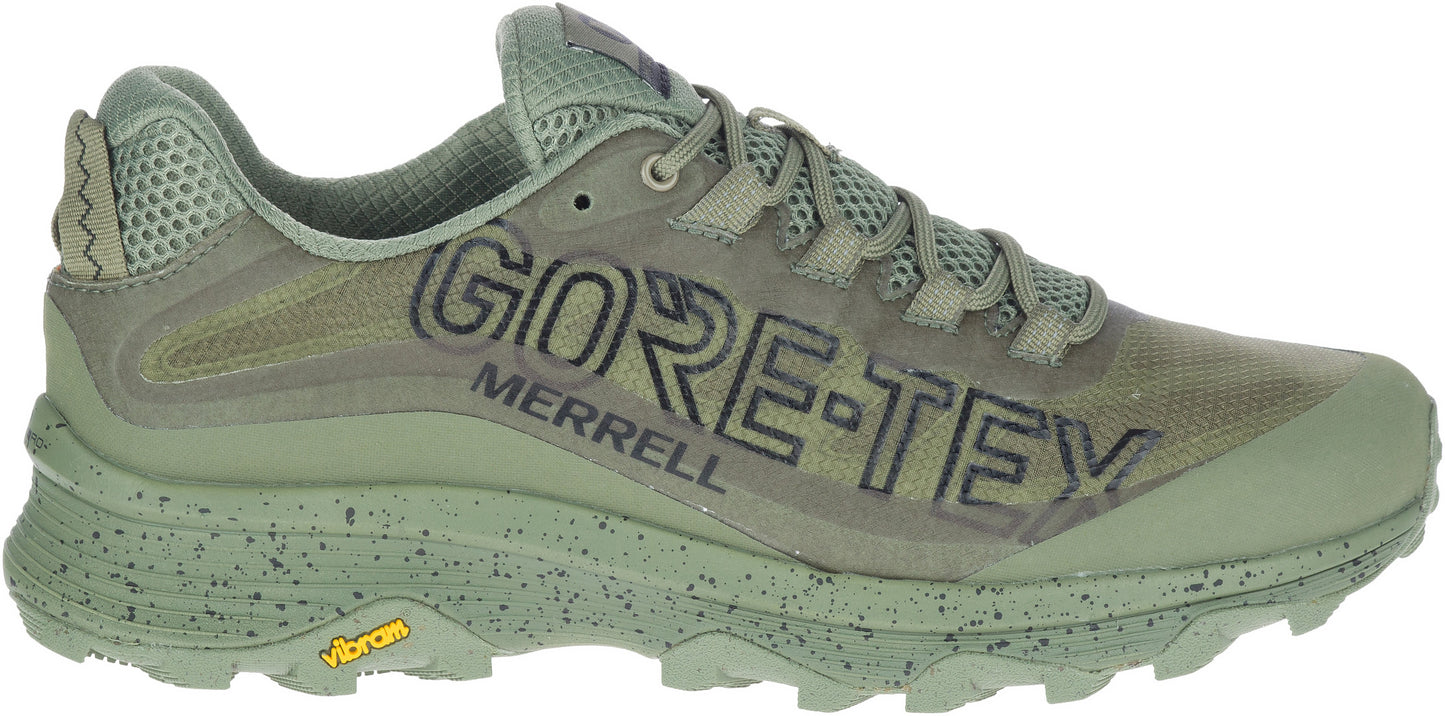 Green running shoe with "GORE-TEX" and "MERRELL" printed on the side.