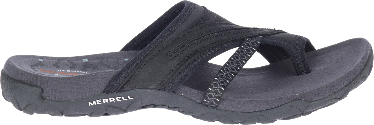 A black sandal with toe loop.